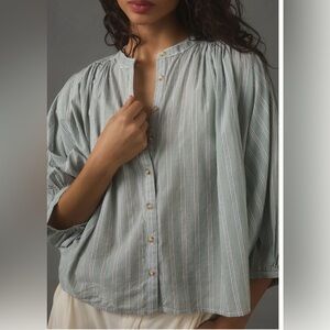 Pilcro Striped Button-Front Peasant Blouse in Sage Green
